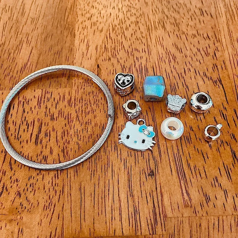 Unique Pandora Style Charm Bracelet DIY Customizable Kitty Pearl & Heart Beads